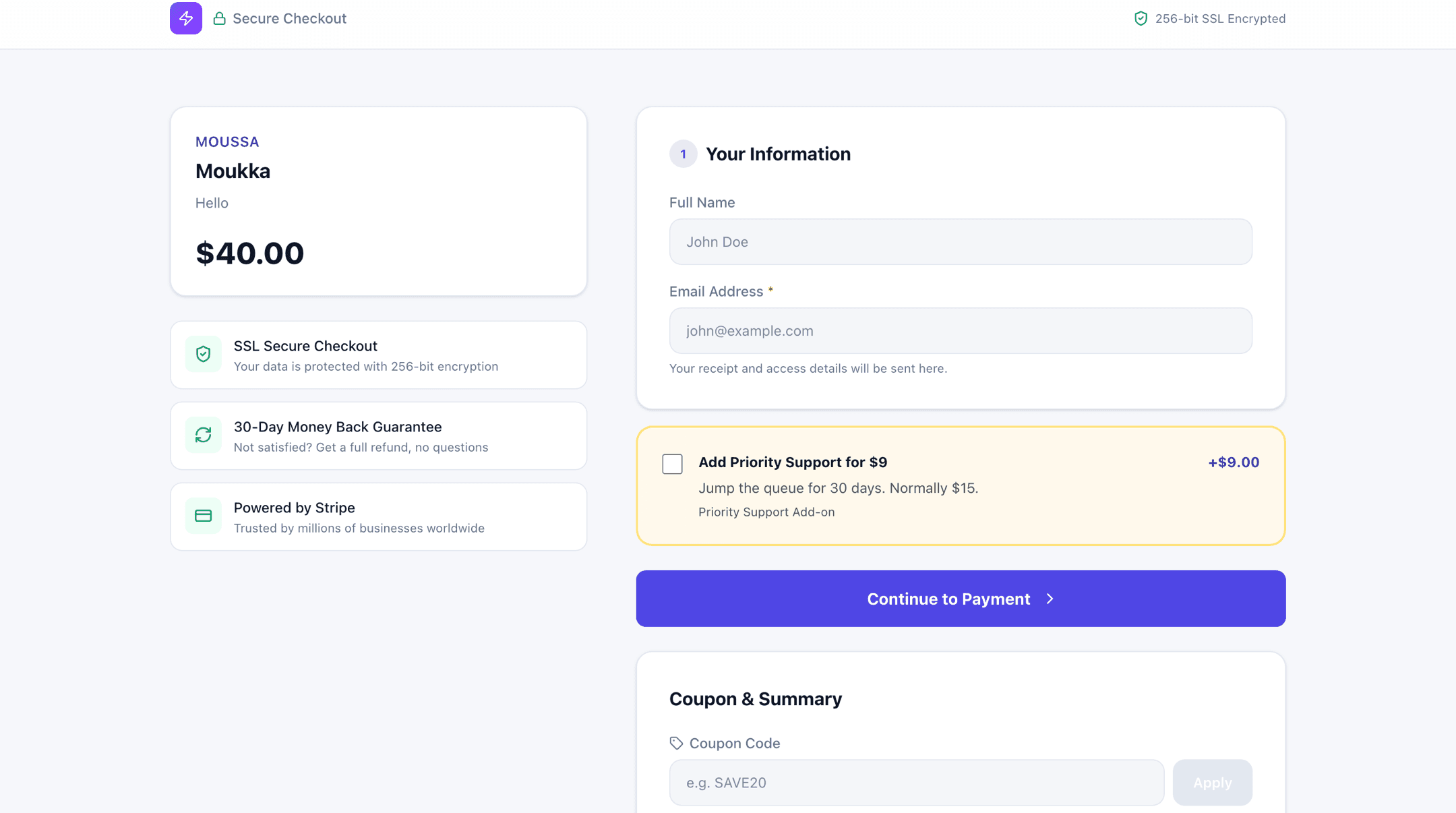 An EmbPay checkout in its default theme: indigo accent, system typeface, a product card, contact fields, an order bump offering priority support, and a Complete order button.